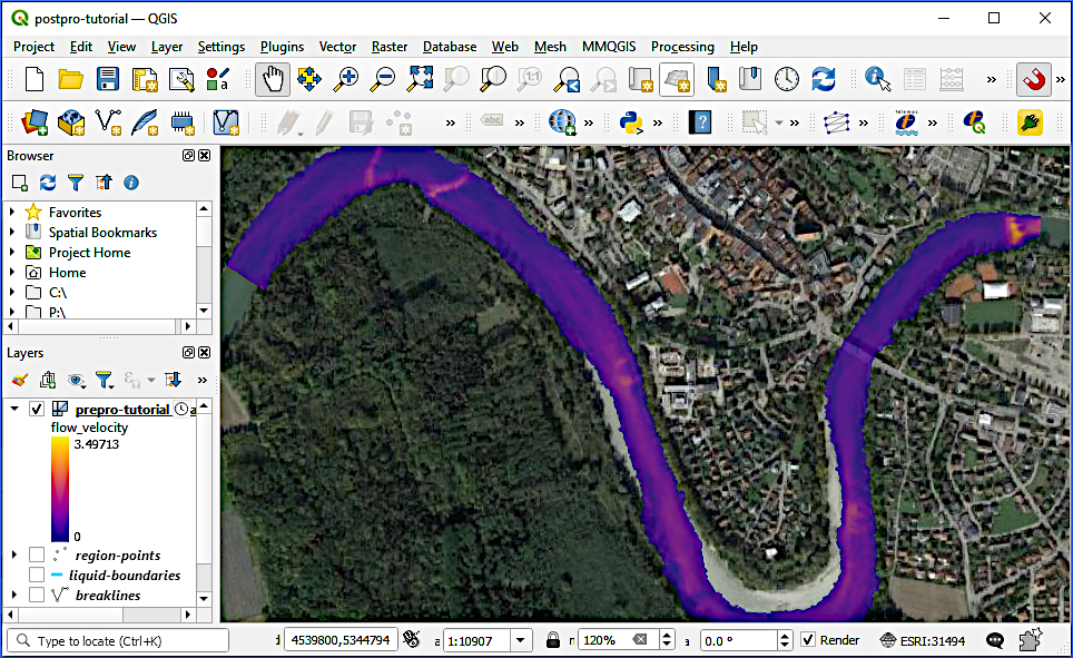 plotted qgis basement results flow velocity