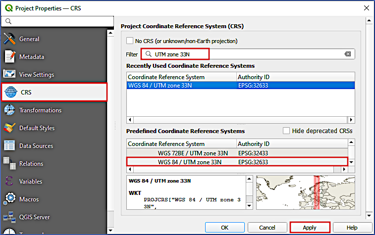 qgis set coordinate reference system crs germany utm zone 33n Inn river