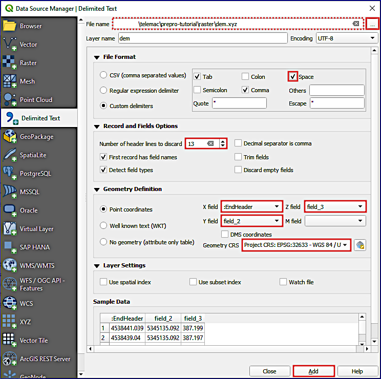 qgis import XYZ point cloud file dem