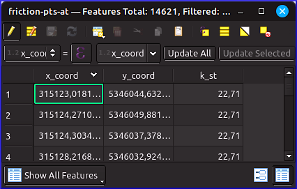 x_coord y_coord coordinates strickler roughness qgis attribute table