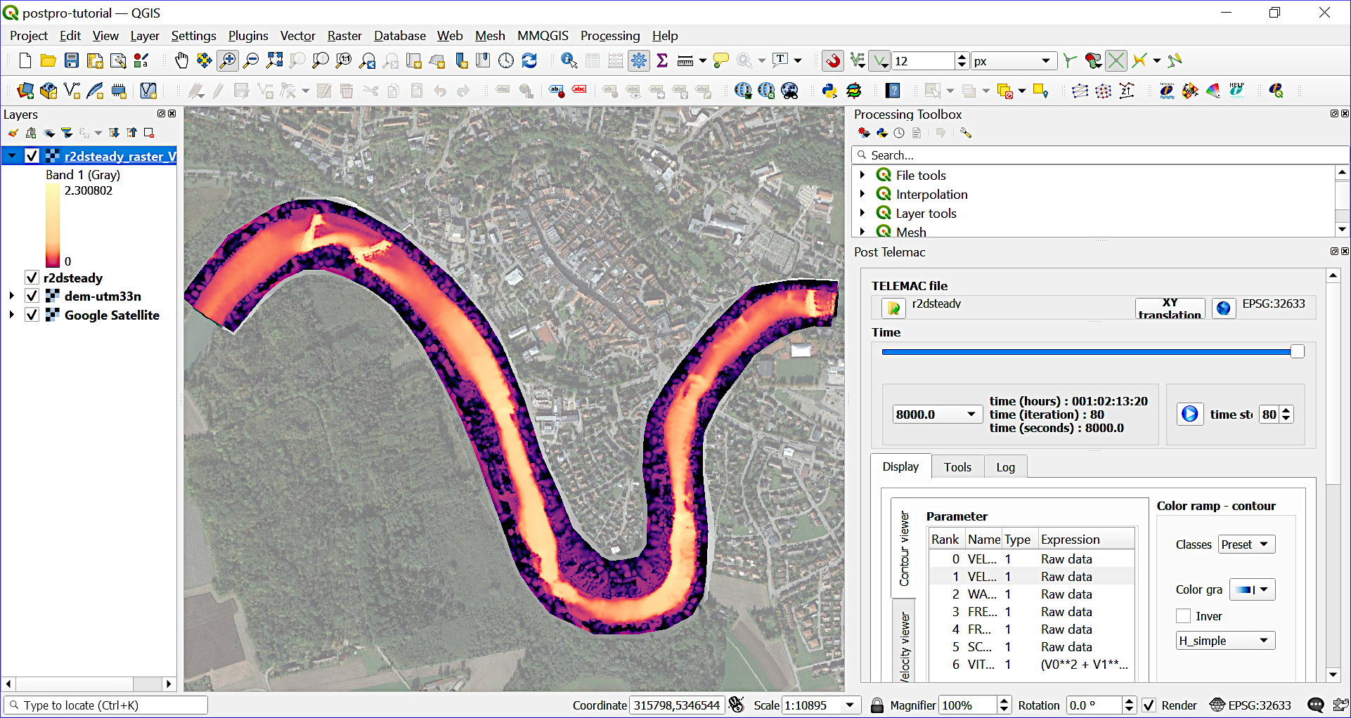 qgis flow velocity vitesse results slf PostTelemac raster geotiff tif